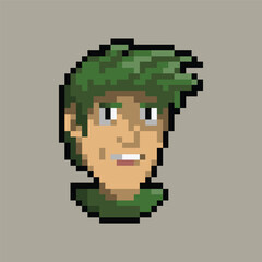 Fototapeta premium pixel art avatar with green hair,brown skin, and green t shirt, good for your project.
