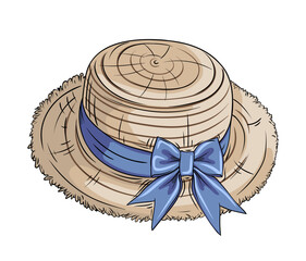 vector color image with an outline of a cute straw hat with a blue ribbon and a bow on a transparent background. vector illustration of a hat for protection from the sun, a headdress for walking