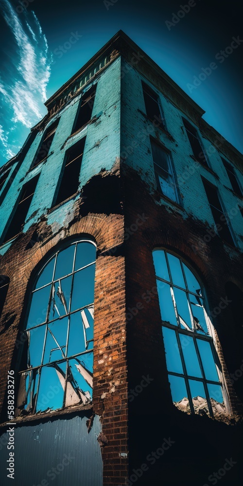 Poster blue sky and damaged windows in a vertical low-angle image of an abandoned structure. generative ai