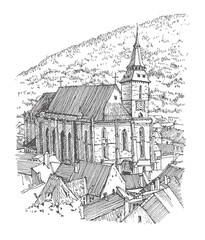 Travel sketch illustration of The Black Church in the city of Brașov in south-eastern Transylvania, Romania. Urban sketch in black color on white background. A hand-drawn old building, a pen on paper.