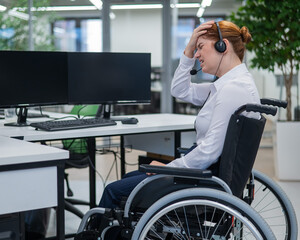 Caucasian woman in a wheelchair sits at her desk and holds her head. Female call center worker.