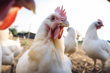 Fototapeta premium Chickens running free on farm, happy animals welfare and free range poultry. Generative AI
