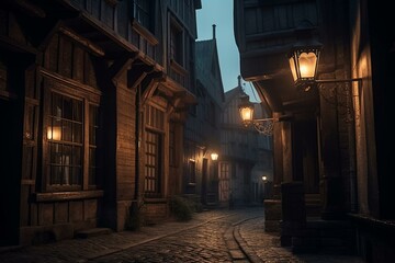 Fototapeta na wymiar medieval houses dark streets and kerosene lamp Generative AI