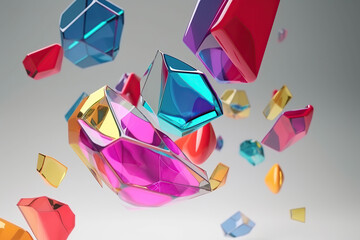 Colorful flying geometric glass shapes, 3D render colors gems jewelry idea, created with Generative AI