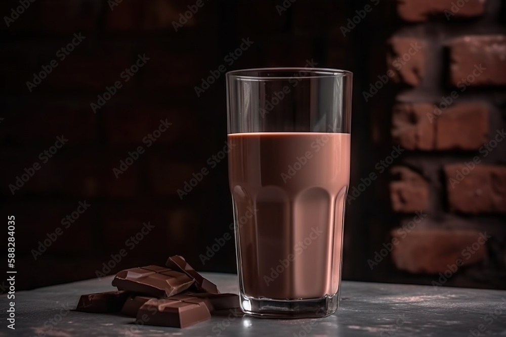 Poster a glass of chocolate milk next to a block of chocolate on a counter top with a brick wall in the bac