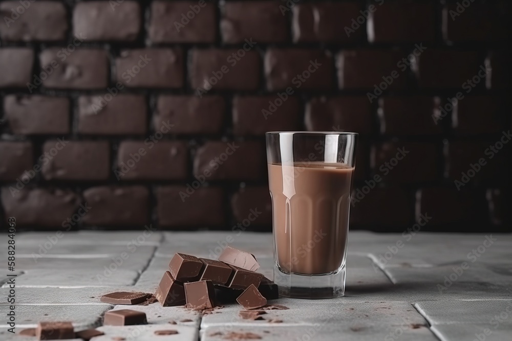 Poster a glass of chocolate next to a pile of broken chocolate blocks on a table with a brick wall in the b
