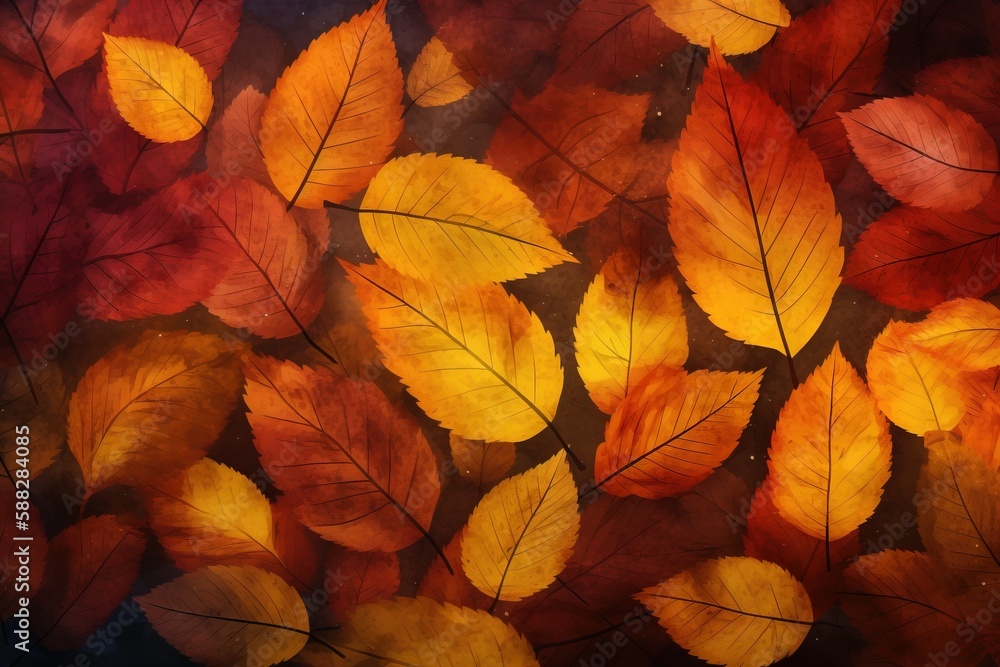 Aufkleber a group of yellow and red leaves on a black background with a black background and a red and yellow 