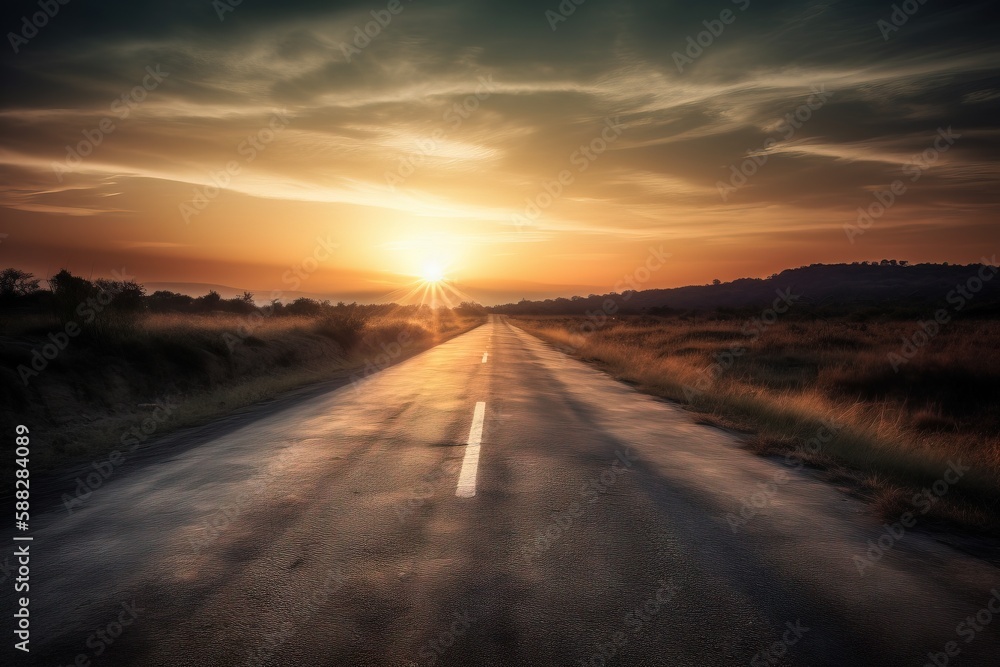 Poster the sun is setting over a road with a field in the foreground and trees in the distance on the other