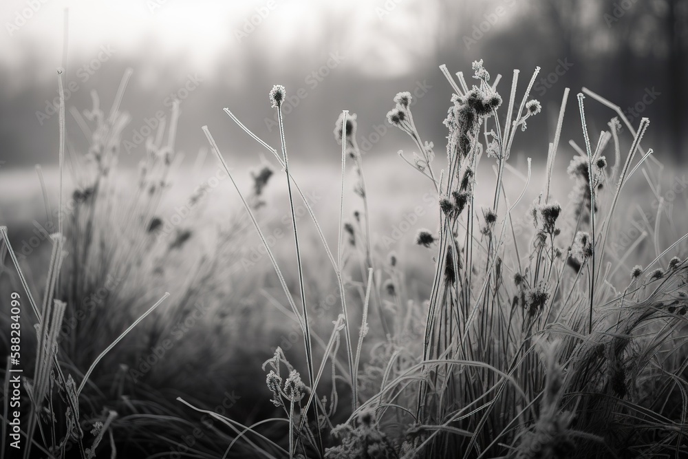 Poster a black and white photo of a field with grass in the foreground and fog in the background with trees