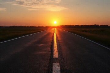  the sun is setting over a road with a line of lines painted on the side of the road in the middle of the road, and a field in the foreground.  generative ai