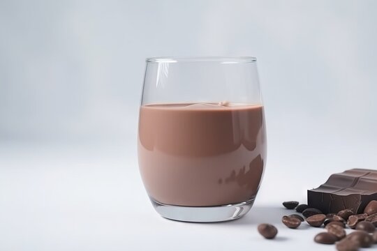 a glass of chocolate next to a chocolate bar and a glass of milk on a white background with a few chocolate pieces on the table.  generative ai