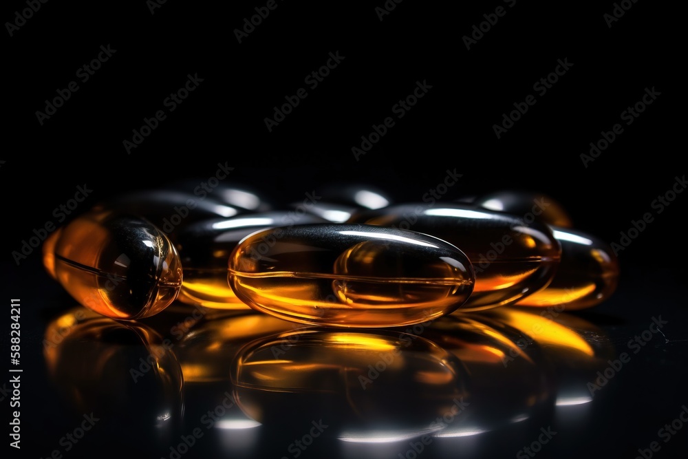 Poster a group of pills sitting on top of a black table next to a black wall and a black background with a 