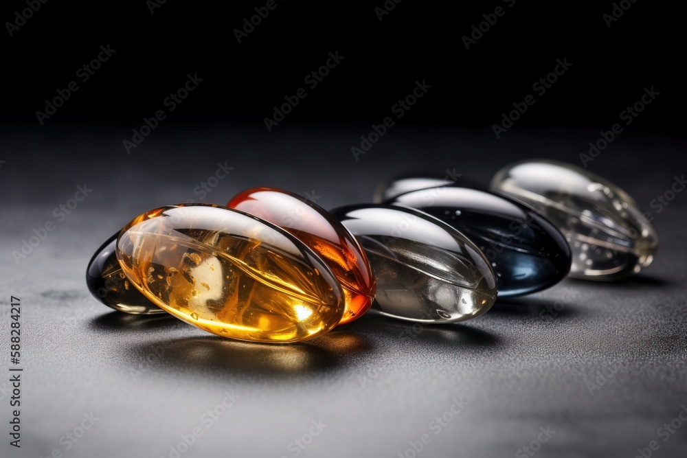 Poster a group of three glass vases sitting on top of a table next to a black wall and a black table with a