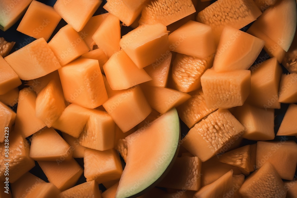 Poster a pile of sliced up melon and a slice of kiwi on a black tablecloth with a black background with a w