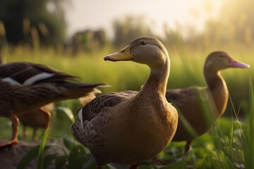 Naklejka na ściany i meble Free range happy ducks roaming free on meadow at farm. Generative AI