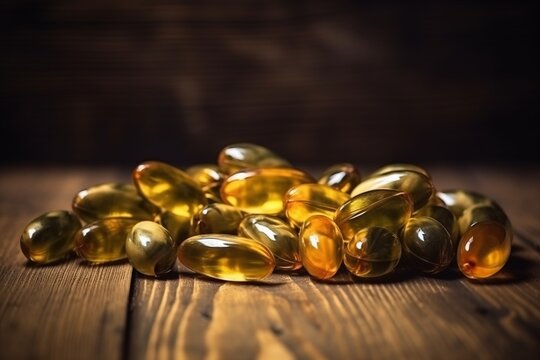  a pile of fish oil capsules sitting on top of a wooden table next to a bottle of fish oil and a spoon of fish oil.  generative ai