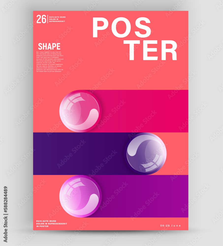 Poster a vector a4 leaflet design template with a variety of colors. bright realistic spheres on the front 