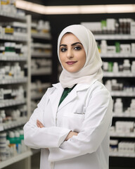 A fictional person. Knowledgeable female Arab pharmacist in a modern pharmacy store