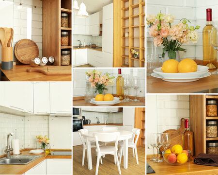Collage of photos of modern flat kitchen