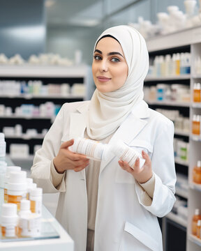 A fictional person. Knowledgeable female Arab pharmacist in a modern pharmacy store