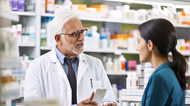 A fictional person. Knowledgeable senior pharmacist in a modern pharmacy store talking to customer.