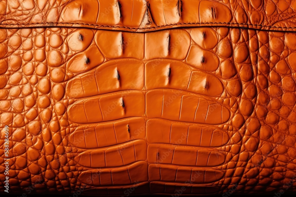 Poster a close up of an orange alligator skin leather material with a stitching pattern on the inside of th