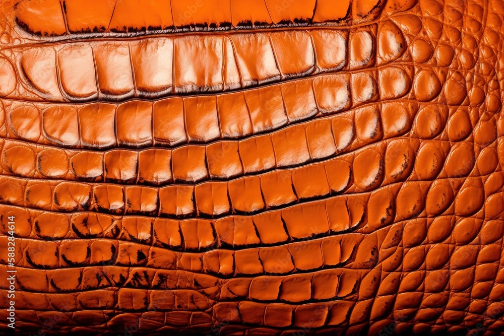 Poster a close up of an orange alligator skin textured with a bit of black in the center of the image and a