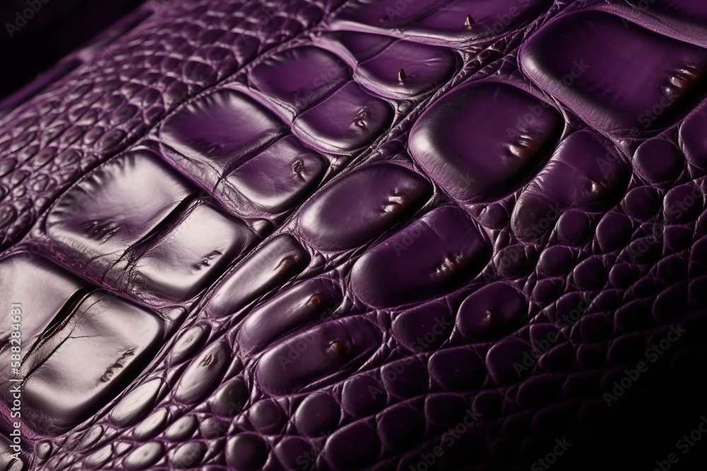 Poster a close up of a purple alligator skin pattern on a black background with a white spot in the middle 