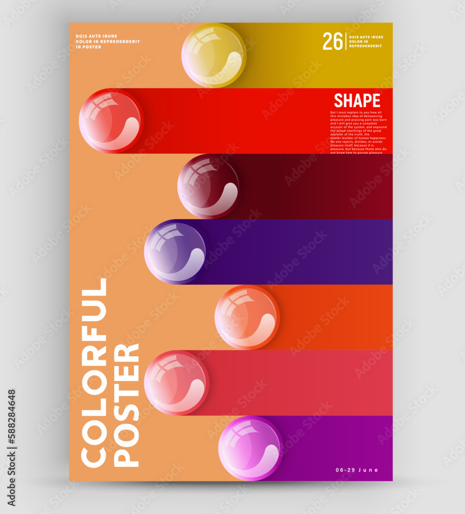 Poster a vector a4 leaflet design template with a variety of colors. bright realistic spheres on the front 