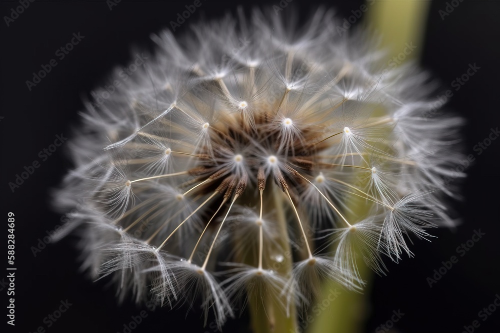 Poster  a close up of a dandelion on a black background with a blurry effect to the center of the dandelion and the seed.  generative ai