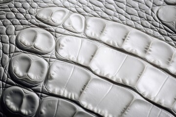  a close up of a white alligator skin textured with white stitching and stitching on the edges of the skin of a crocodile skin.  generative ai