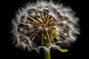  a close up of a dandelion on a black background with a blurry effect to the center of the dandelion and the petals.  generative ai