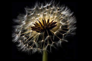  a dandelion with a black background and a yellow center in the middle of the dandelion is a black background with a yellow center in the center.  generative ai