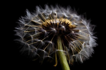  a dandelion is blowing in the wind on a black background with a black background and a yellow center and bottom part of the dandelion.  generative ai