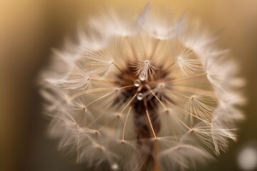  a close up of a dandelion with drops of water on it's petals and a blurry back drop of water on the dandelion.  generative ai