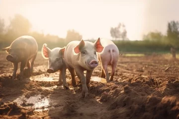 Fotobehang Happy pigs roaming free and farm meadow and mud. Farm animal welfare and care. Generative Ai © marcin jucha