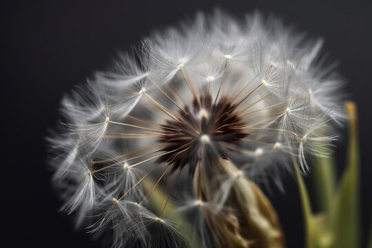  a close up of a dandelion on a black background with a blurry image of the seed and the leaves of the dandelion.  generative ai