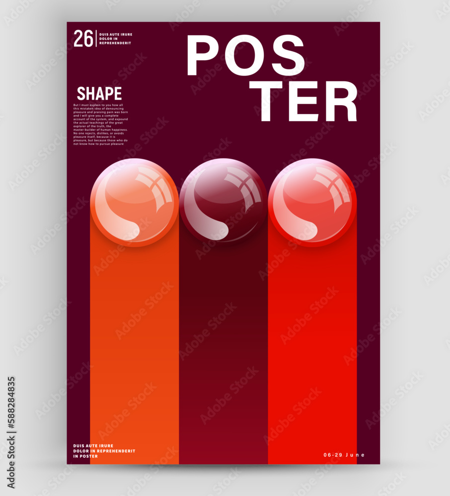 Poster a vector a4 leaflet design template with a variety of colors. bright realistic spheres on the front 