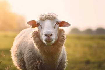 Obraz premium Sheep grazing on meadow at sunrise. Farm animal. Generative AI