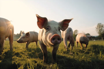 Fototapeta premium Happy pigs roaming free and farm meadow and mud. Farm animal welfare and care. Generative Ai