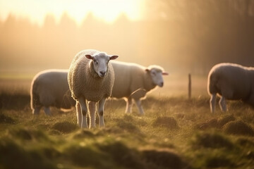Sheep grazing on meadow at sunrise. Farm animal. Generative AI