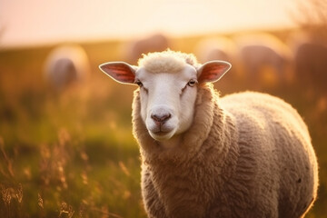 Sheep grazing on meadow at sunrise. Farm animal. Generative AI