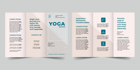  Yoga Instructor  trifold brochure template. A clean, modern, and high-quality design tri fold brochure vector design. Editable and customize template brochure