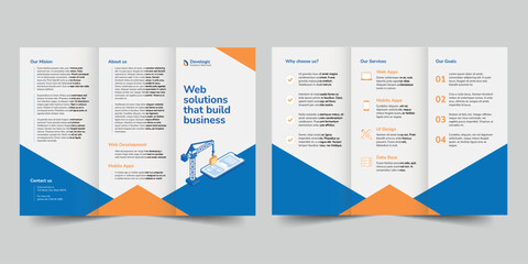 Web And Mobile App Development  trifold brochure template. A clean, modern, and high-quality design tri fold brochure vector design. Editable and customize template brochure