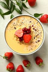 Concept of delicious food with smoothie with different ingredients, top view