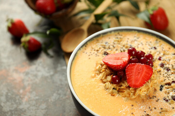 Concept of delicious food with smoothie with different ingredients, space for text