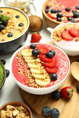 Concept of delicious food with smoothie with different ingredients, close up