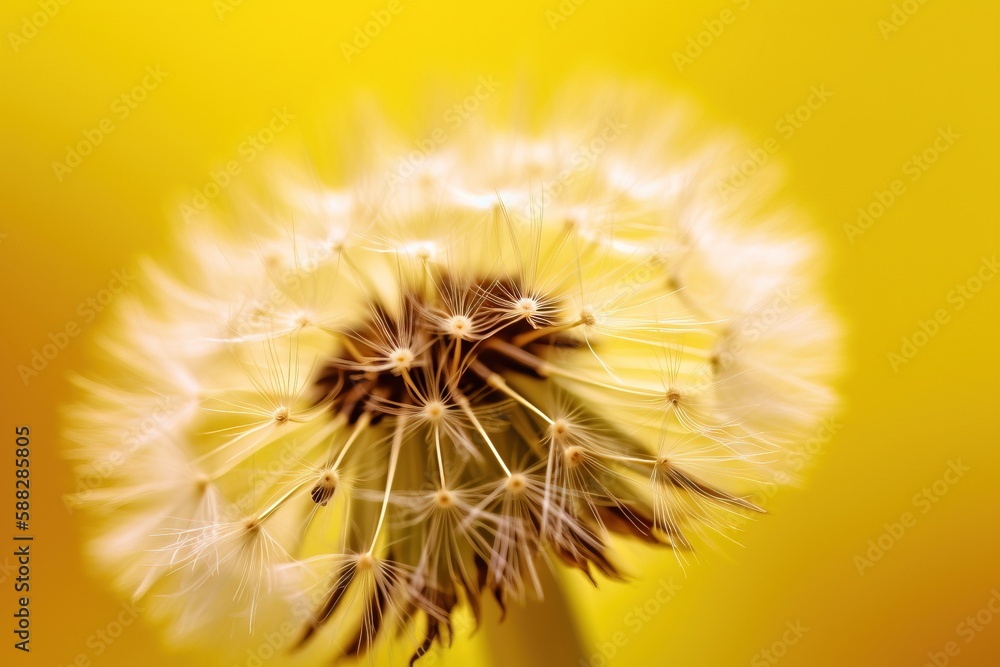 Poster  a close up of a dandelion on a yellow background with a blurry image of the seed and the petals of the dandelion.  generative ai