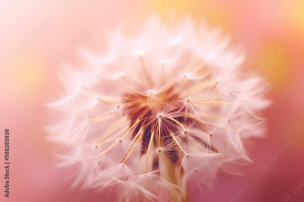 Poster  a close up of a dandelion on a blurry background with focus on the center of the dandelion and the seed.  generative ai
