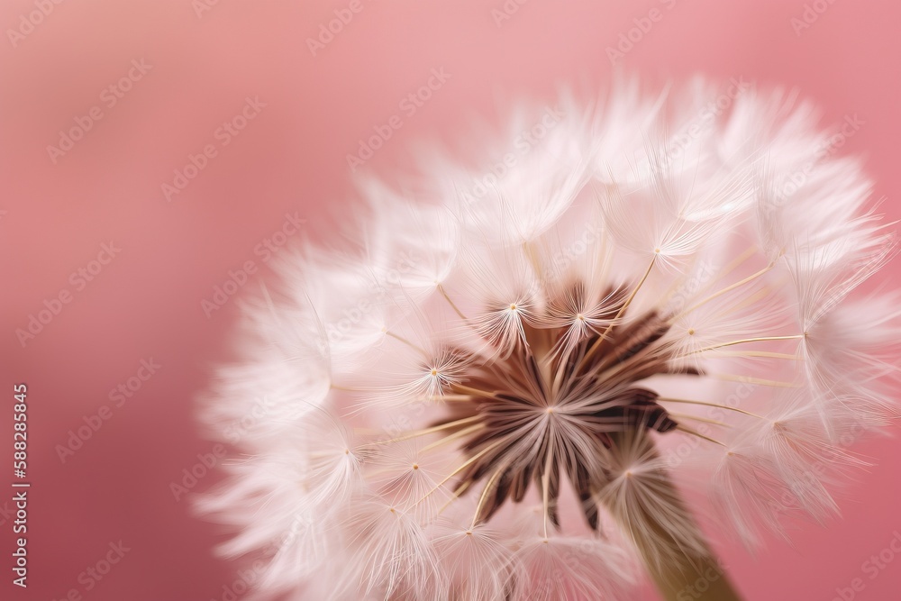 Poster  a close up of a dandelion on a pink background with a blurry image of the dandelion in the foreground.  generative ai